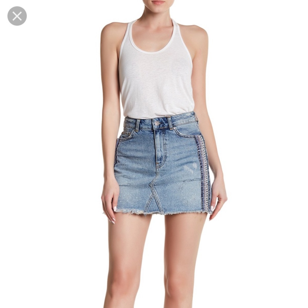 NWT FREE PEOPLE DENIM SIDE‎ STRIPE EMBELLISHED MINI SKIRT Y2K Boho Chic